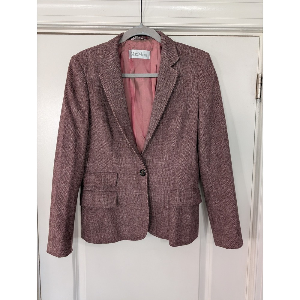 Max Mara‎ Wool Blend Plaid Blazer Jacket Pink Womens 10 career office old money
